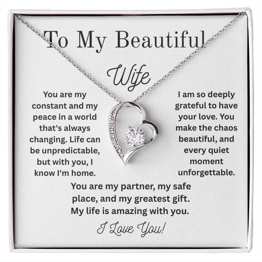 To My Beautiful Wife – Heart Necklace with Love Message Card | Romantic Gift for Anniversary, Birthday, or Christmas