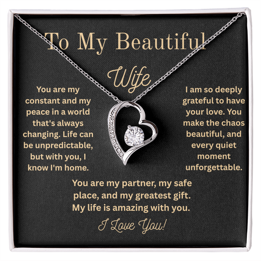 To My Beautiful Wife – Heart Pendant Necklace with Message Card | Anniversary, Birthday, or Just Because Gift