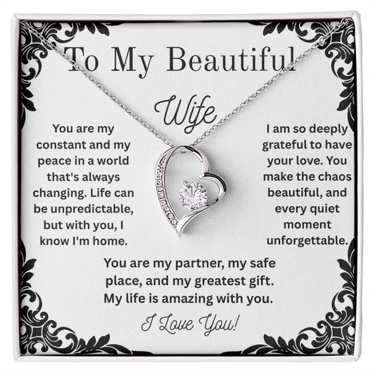 Heart pendant necklace with cubic zirconia stone on message card that reads To My Beautiful Wife with romantic love message